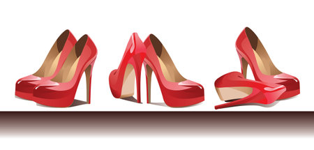 Several pairs of women's red patent-leather shoes on a white background.のイラスト素材