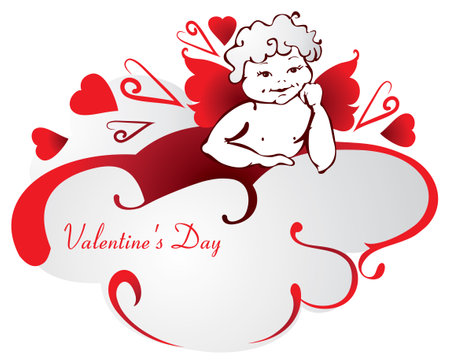Cupid with red wings, drawn by a line, on a cloud on a white background with hearts. Greeting card for Valentine's Day. Vector.のイラスト素材