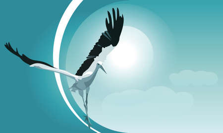 Vector illustration with a flying stork in blue tones against the background of the sky, sun, clouds, free space for text. Baby shower invitation, cards, flyers, congratulations on the newborn, delivery.のイラスト素材
