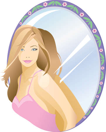 Young woman with beautiful hair on the background of an oval mirror with a floral ornament. Vectorのイラスト素材