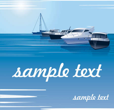 Yacht, boats and sailboats stand against the blue sea and clear sky. Vector.のイラスト素材