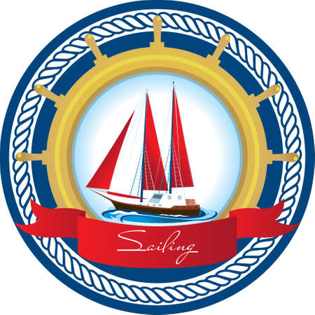 Round emblem with a boat with red sails, a steering wheel, a rope and a red ribbon on a blue background. Vectorのイラスト素材
