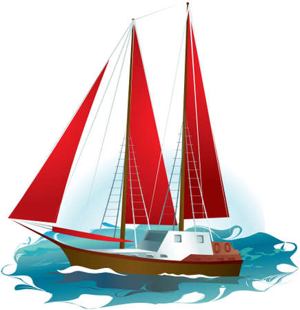 Small ship with red sails on blue waves and white background. Vectorのイラスト素材