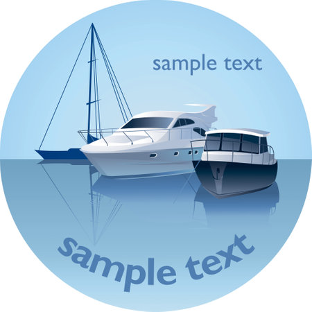 Yacht, sailboat and boat on a blue background, round emblem. Vectorのイラスト素材