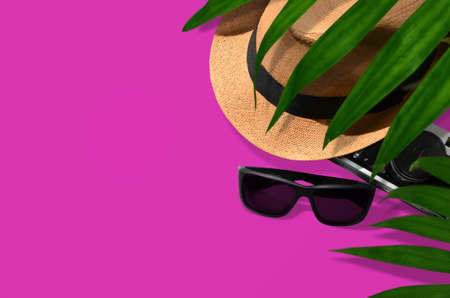 Travel vacation concept background with sunglasses, hat, camera and palm leaves on magenta background. Top view with copy space. Flat lay. Imageの写真素材