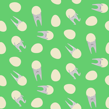 Seamless Pattern with Eggs and Rabbits in the Eggs on the green backgroundのイラスト素材