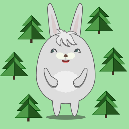 Cute Round Rabbit in Fir Forest on Green Backgroundのイラスト素材