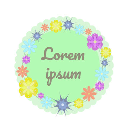 Cute rounded greeting card with colorful flowers on green backgroundのイラスト素材