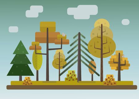 Flat Style Autumn Forest on Storm Sky Backgroundのイラスト素材