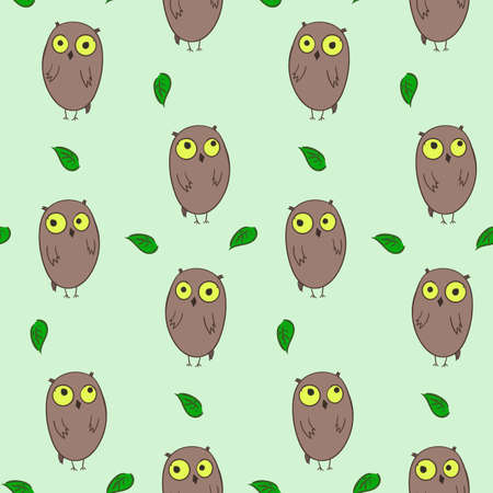 Cute hand drawn seamless pattern with cartoon thoughtful owls and leavesのイラスト素材
