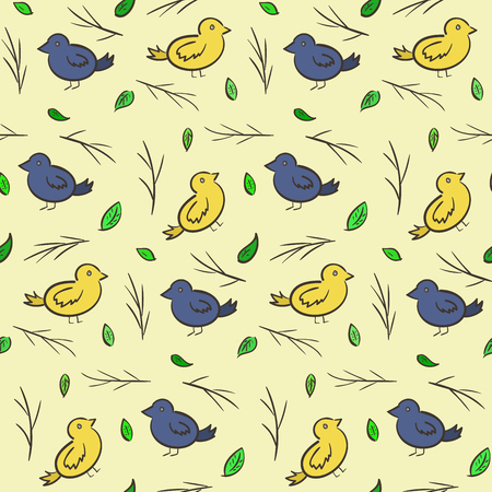 Hand drawn seamless pattern with colorful birds, leaves and branchesのイラスト素材