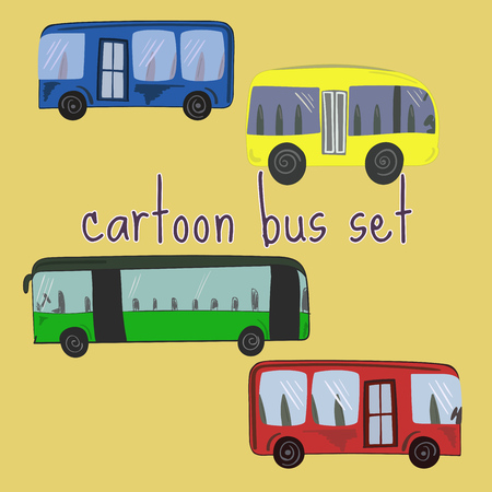 Set of cute cartoon hand drawn colorful busesのイラスト素材