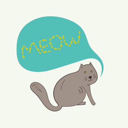 Funny gray cat with meow fish text in blue bubbleのイラスト素材