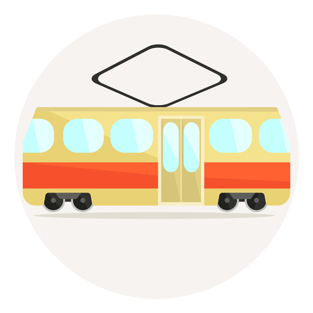 Cute colorful flat vector tram icon, beige and red streetcar iconの写真素材