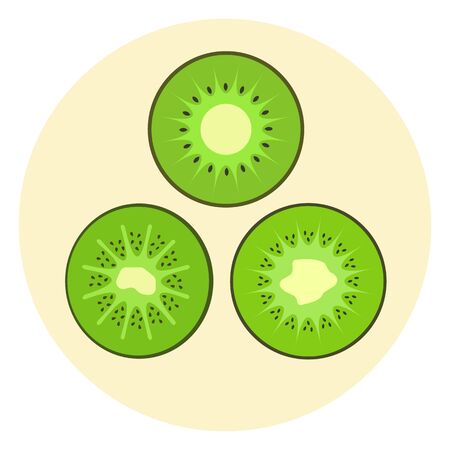 Set of bright green cute kiwi icons, kiwi split in a half, cut fruitのイラスト素材