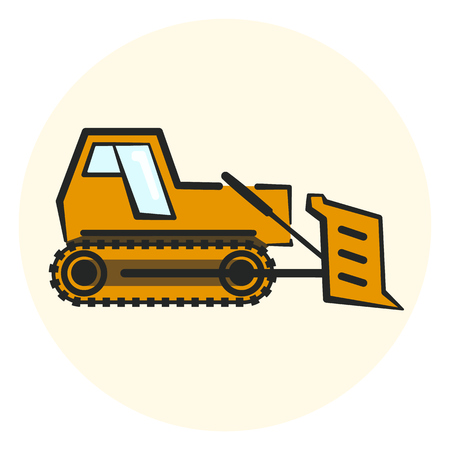 Colorful outline earth mover icon, yellow bulldozer icon, flat transport objectのイラスト素材