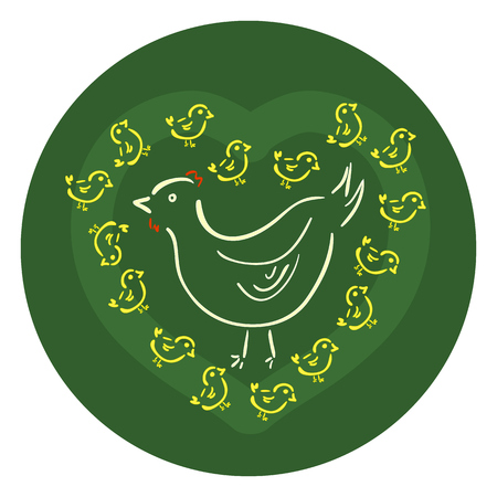 Vector silhouettes of white hen and yellow chicks, lovely family iconのイラスト素材