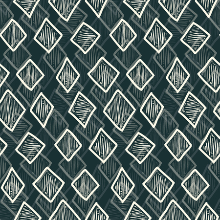 Abstract monochrome hand drawn textured rhombus seamless pattern, lozenge patternのイラスト素材