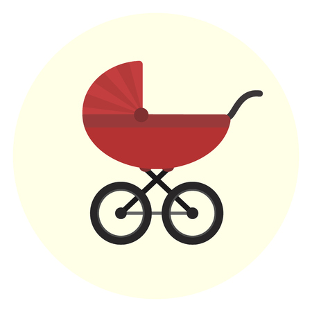 Flat red vector baby carriage icon. Unisex baby transport. Cute colorful baby girl and boy pram symbolのイラスト素材