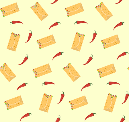Cute colorful burrito and red chili pepper seamless pattern. Nice mexican fastfood pattern for textile, cafe and restaurant wrapping paper, covers, banners, background, wallpaperのイラスト素材