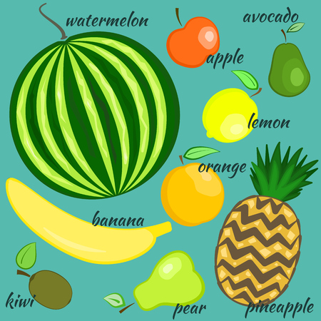Flat vector colorful full tropical fruits set. Nice summer fruits for design, cooking and shop illustrations, banners, surface, paper, packageのイラスト素材