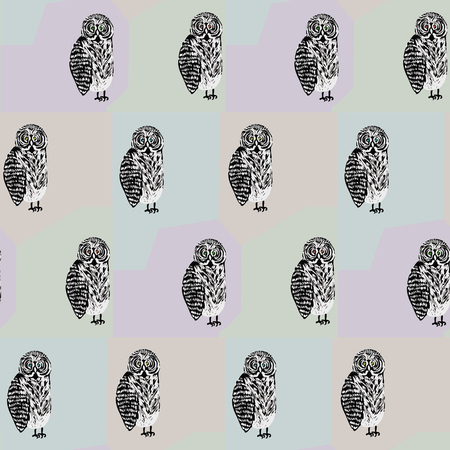 Seamless pattern with freaky looking black and white tawny owl. Cute texture for textile, wrapping paper, cover, background, design, wallpaperのイラスト素材