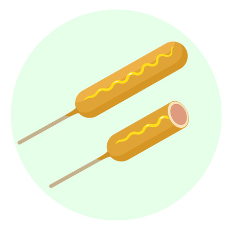 Flat vector delicious corn dog with sausage in dough and mustard icon, toad in the hole for tasty cartoon colorful fastfood symbol.のイラスト素材
