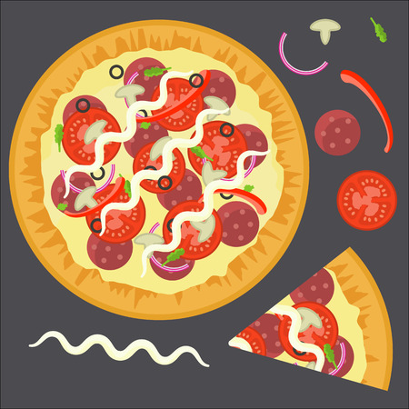 Flat vector delicious colorful full pizza with triangle slice and ingredients salami, mushrooms, tomato, pepper .Tasty cartoon colorful fastfood symbol for cookbook, cafe, bar, restaurant menu design.のイラスト素材