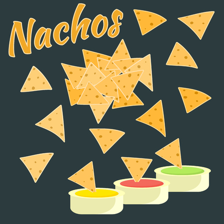 Flat vector colorful nachos with cheese, guacamole and salsa sauces icon, traditional mexican food symbol for cafe, bar, restaurant menu designのイラスト素材