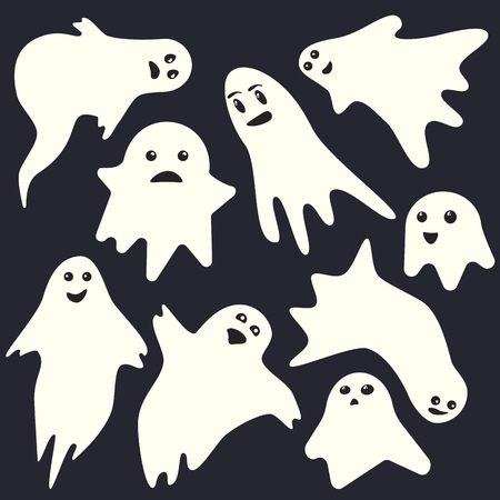 Funny scary white emotional ghost characters on dark blue background. Isolated vector holiday spooky monsters setのイラスト素材