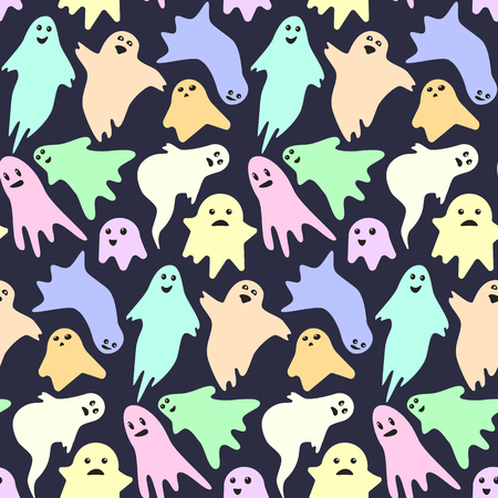 Seamless pattern with cute little scary colorful ghosts on dark background. Nice kids spooky halloween texture for textile, wrapping paper, cover, background, wallpaper, surface, web designのイラスト素材