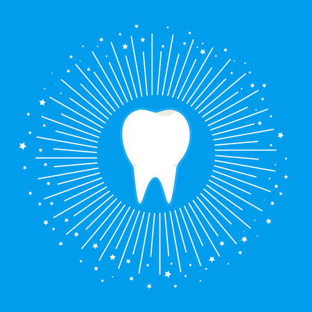Flat white shiny clean health tooth with white beams and stars symbol. Dentist clean teeth icon. Personal and medicine dental hygiene signのイラスト素材