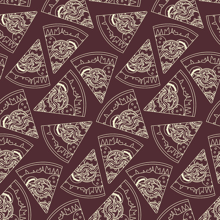 Outline sliced italian pizza on bardic background seamless pattern. Nice fast food texture for textile, wallpaper, background, cover, wrapping paper, banner, bar and cafe menu designのイラスト素材