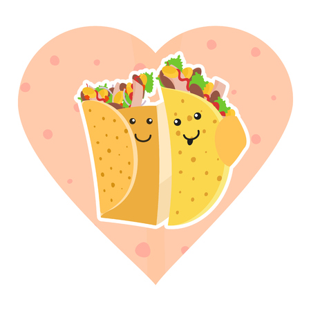 Cute mexican food smiling taco and burrito characters embracing each other on pink heart tortilla background. Cute fast food burritos and tacos love characters embrace each other for cafe, menu designのイラスト素材