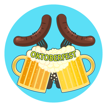 Bright colorful Oktoberfest symbol with two cups of beer and two sausages. Nice friendly color traditional German Oktoberfest couple of beer and sausage symbolのイラスト素材