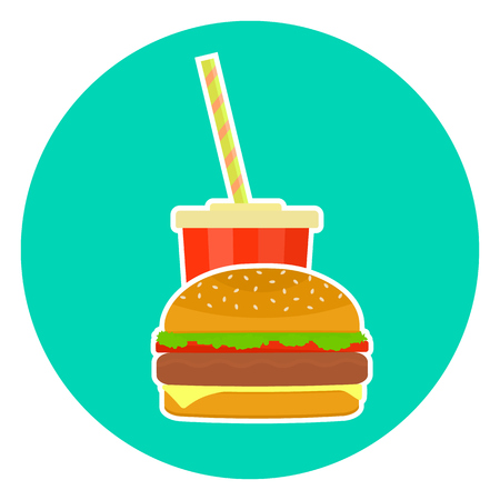 Flat colorful vector lovely fast food couple - cola and hamburger. Cute fastfood burger symbol for cafe, bar, restaurant menu and web designのイラスト素材