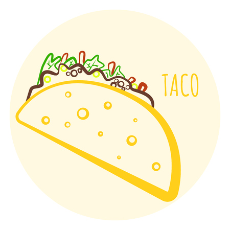 Colorful isolated outline vector taco symbol. Minimalistic flat linear mexican tacos icon for fast food restaurant or cafe menu, advertisement, bannersのイラスト素材