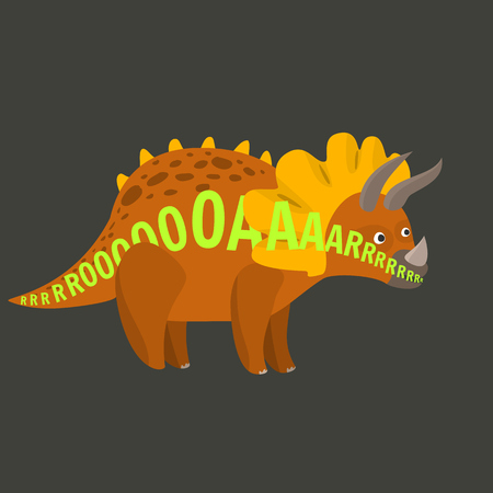 Flat cartoon vector triceratops with roar text along the body. Isolated brown dinosaur, illustration for baby or kid textile label or sticker print, app, advertisement designのイラスト素材