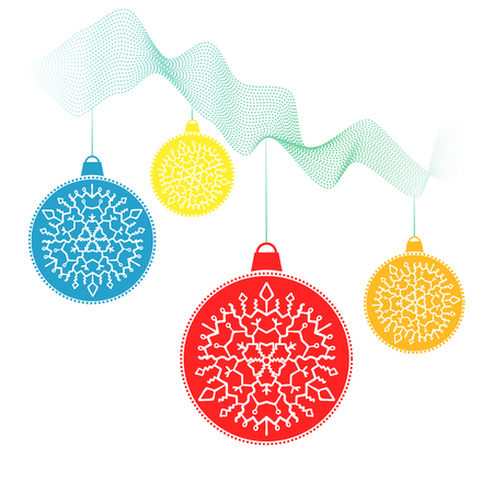 Vintage Merry Christmas background with colorful shiny balls decorated with white snowflakes. Bright Christmas and New Year baubles elements for winter holidays banners, greeting cards, web designのイラスト素材