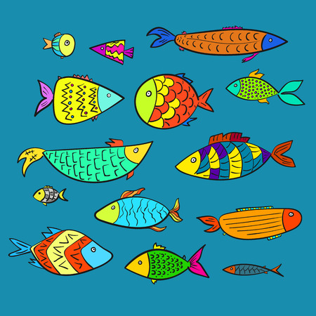 Set of colorful cartoon kids vector fishes. Stylized digital hand drawn cute bright decorated aquarium or river fish for children sticker book, prints, charactersのイラスト素材