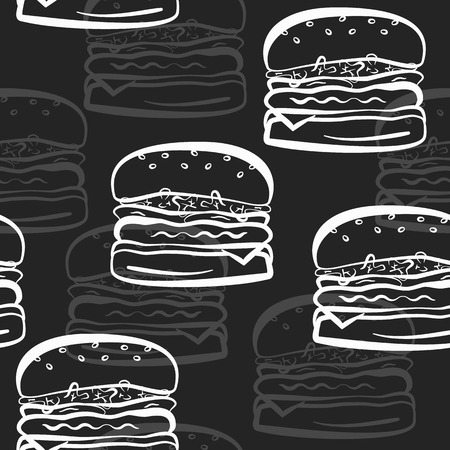 Seamless pattern with white cartoon hamburgers and gray shadows on black background. Cute fast food burger texture for fastfood banner, textile, wrapping paper, package, coverのイラスト素材