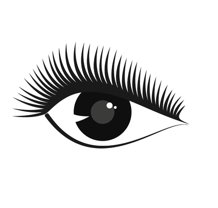 Vector black stilized woman eye symbol with long eyelashes, pupil. Beautiful girl eye with lashes logo for beauty salon advertising, templateのイラスト素材