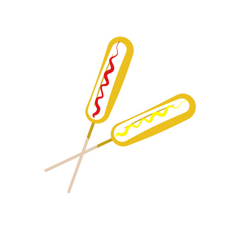 Vector color outline corn dog with sausage in mustard, toad in the hole. Tasty cartoon colorful street fastfood symbolのイラスト素材