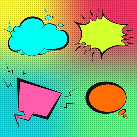 Colorful vector retro comic speech bubbles on dotted mesh background in pop art style. Black outline colour balloons for comics book or advertisement text, web designのイラスト素材
