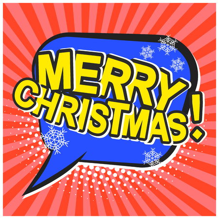 Bright contrast red striped retro comic speech bubble background with yellow Merry Christmas text. Outline blue balloon with halftone shadow in pop art style for winter holiday celebration text, labelのイラスト素材