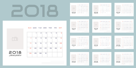 Simple minimalistic calendar of new 2018 year in light colors with place for picture. Week starts in Sunday, twenty month calendar. Work and holiday events planner, block-almanac mockup or templateのイラスト素材