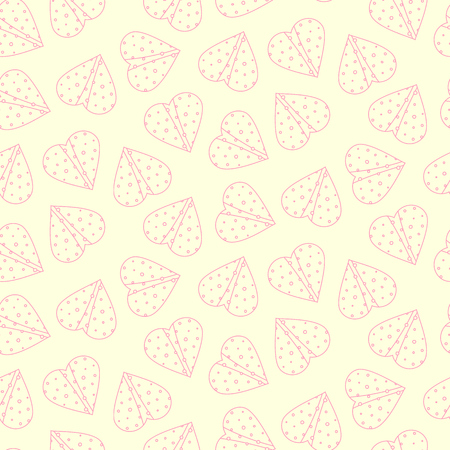 Nice outline pink tortilla hearts seamless pattern on light yellow background. Cute mexican fast food tortilla hearts texture for St. Valentines textile, wrapping paper, banner, restaurant menu designのイラスト素材