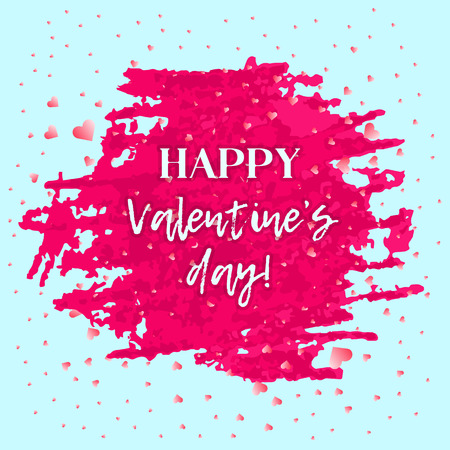Abstract trendy Valentine's day greeting card with text in big pink and cherry blot, and hearts confetti on light blue background. Fashion lovely backdrop for 14 february celebrationのイラスト素材