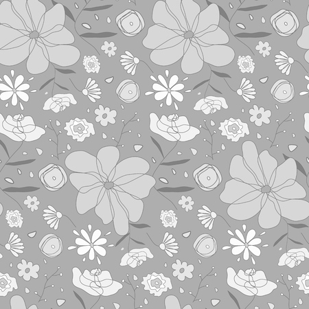 Cartoon cute sketch seamless pattern with monochrome flowers.のイラスト素材