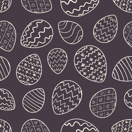 Monochrome Easter seamless pattern with white outline eggs on dark background. Ornate doodle hand drawn eggs texture for spring Easter package, gift wrapping paper, textile, greeting cards designのイラスト素材